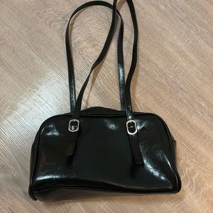 black glossy shoulder bag